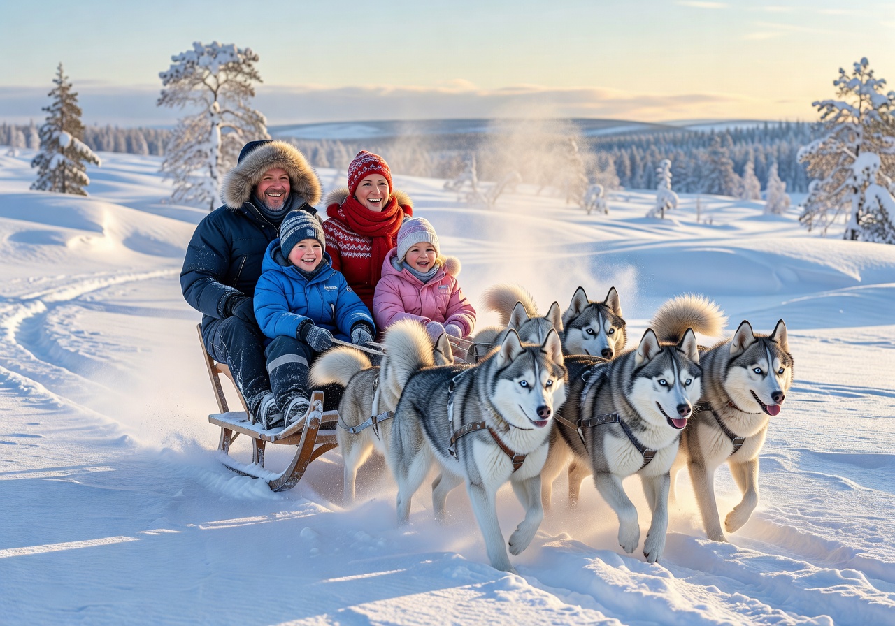 Family enjoying a husky sled safari in snowy Lapland