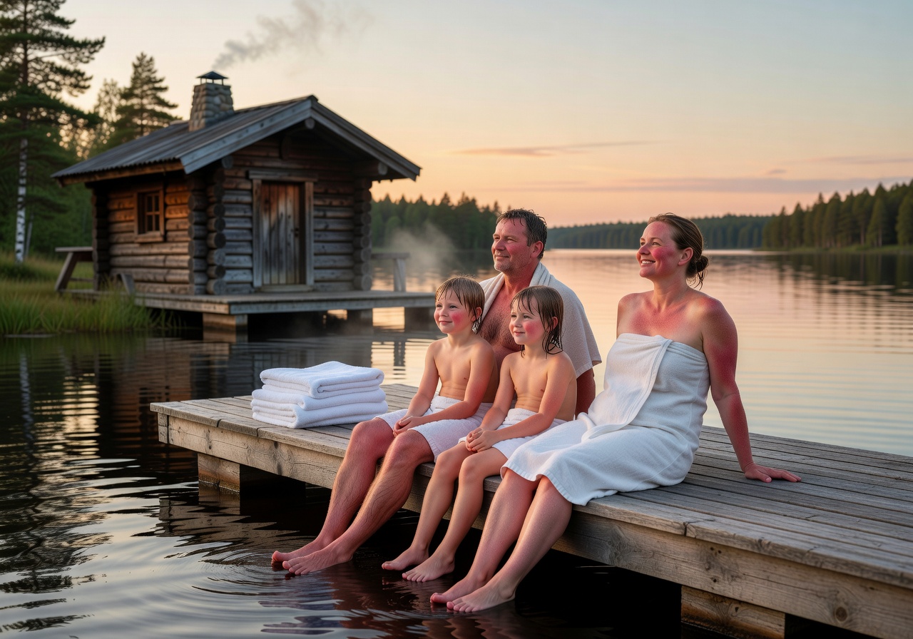 Family relaxing on a dock after a traditional Finnish sauna