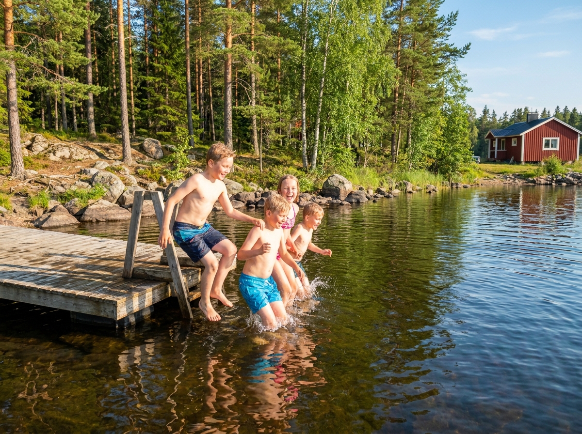 Kids jumping into a clear Finnish lake during summer