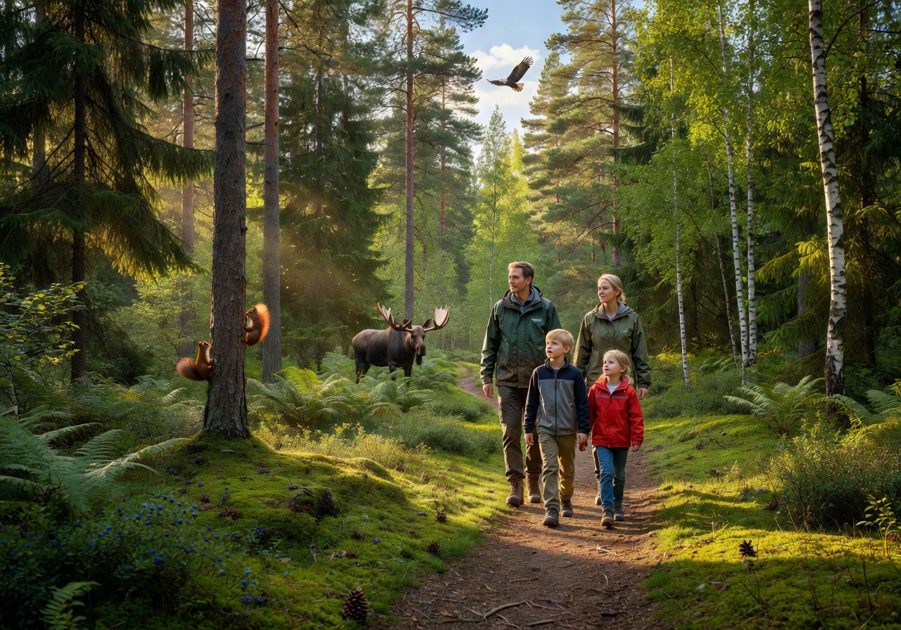 Family hiking through a lush green Finnish forest