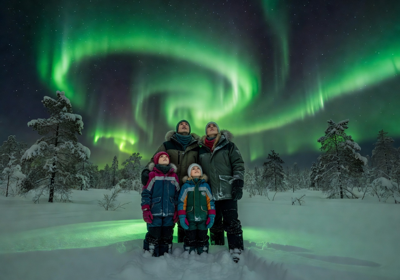 Family looking up at the glowing green Northern Lights in Lapland