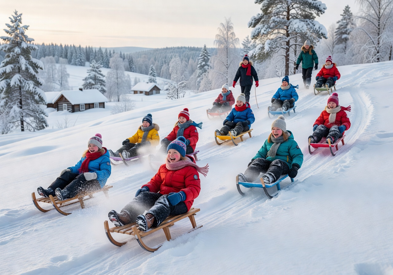 Children enjoying sledding on a snowy hill in Finland