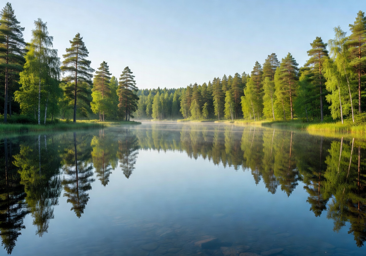 Calm summer view over a Finnish lake with green forests