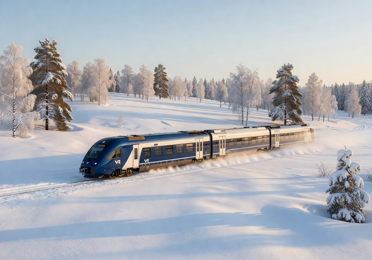 Modern Finnish train traveling through a snowy landscape
