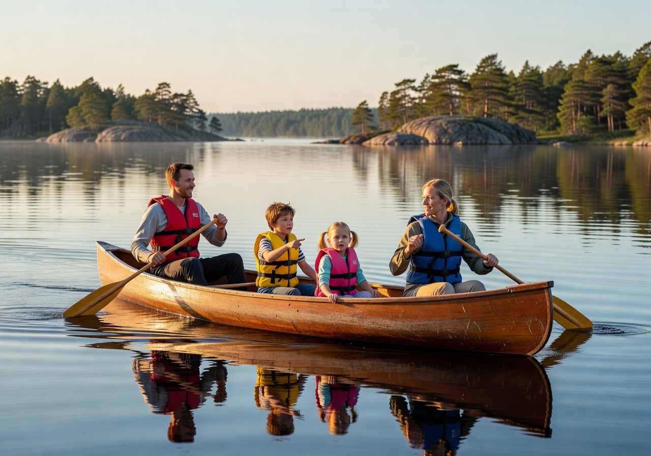 Family canoeing on calm Lake Saimaa waters