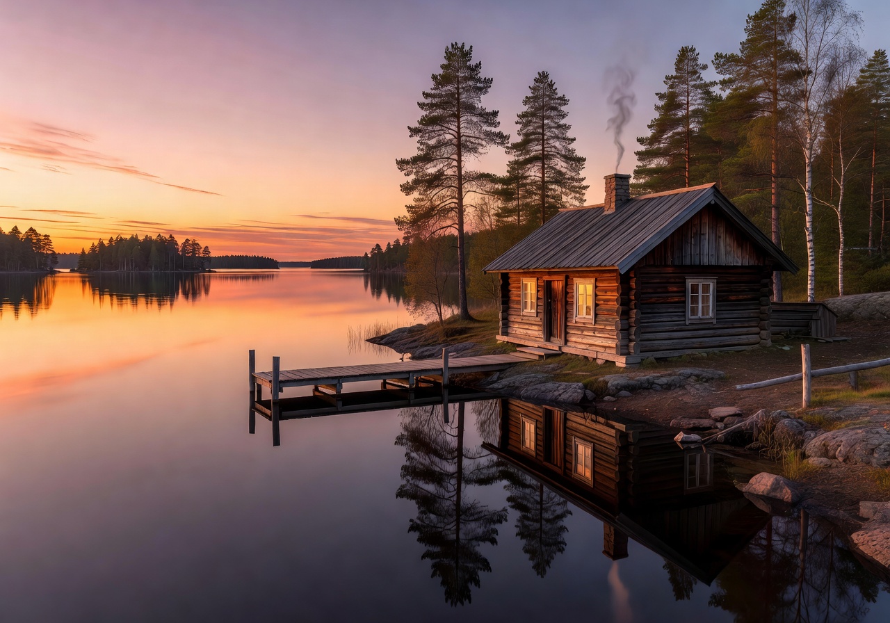 Peaceful wooden cottage by Lake Saimaa at sunset