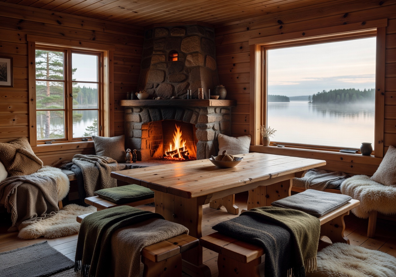 Cozy wooden interior of a Lake Saimaa cottage