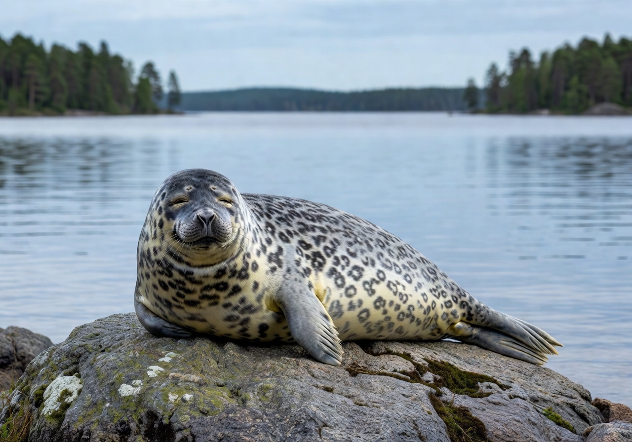 Rare Saimaa ringed seal resting on a rock