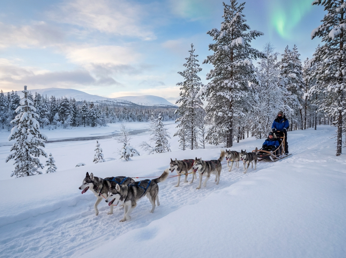 Husky sledding in snowy Lapland