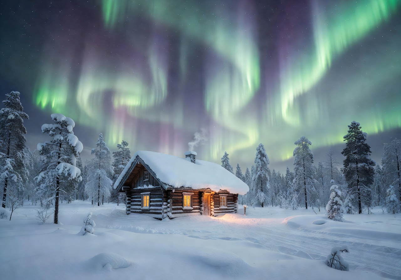 Cozy snow-covered cabin in Levi Lapland under the northern lights