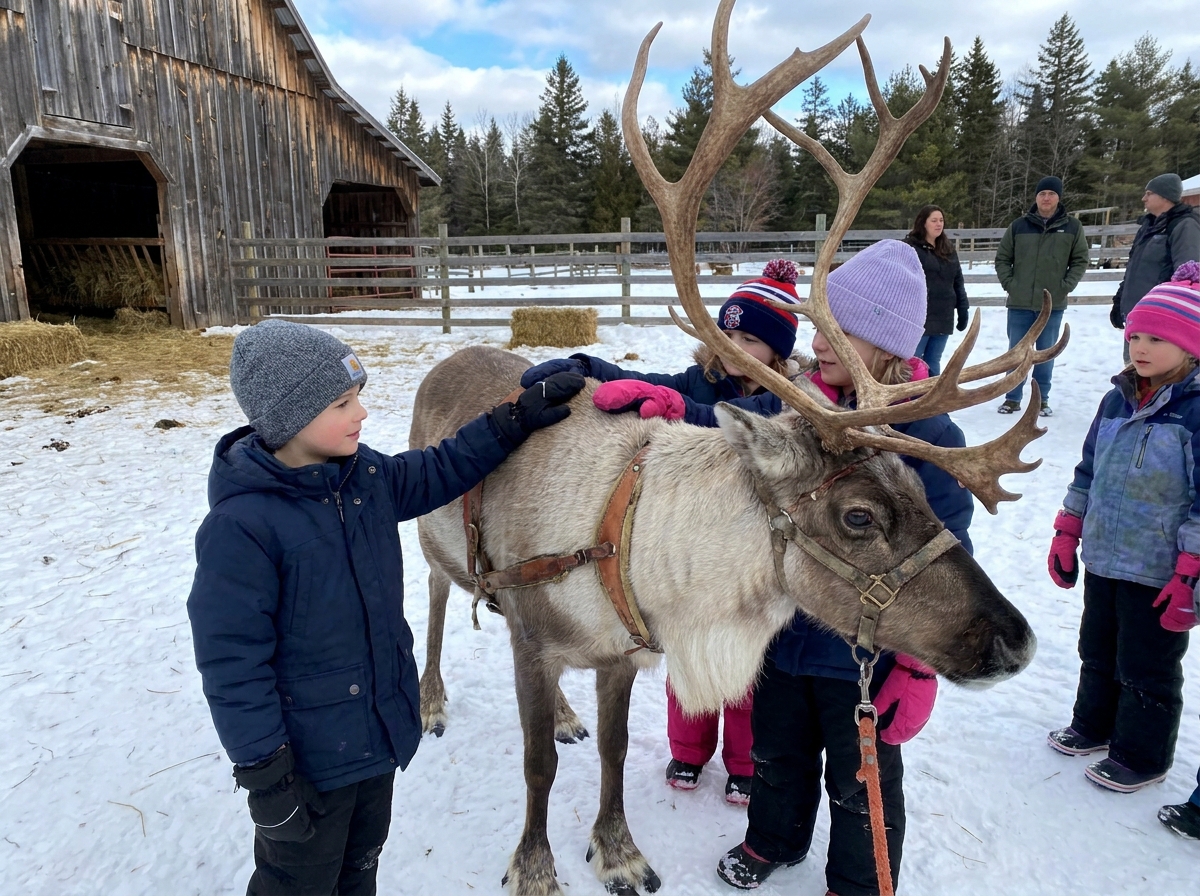 Children meeting a reindeer at a local farm