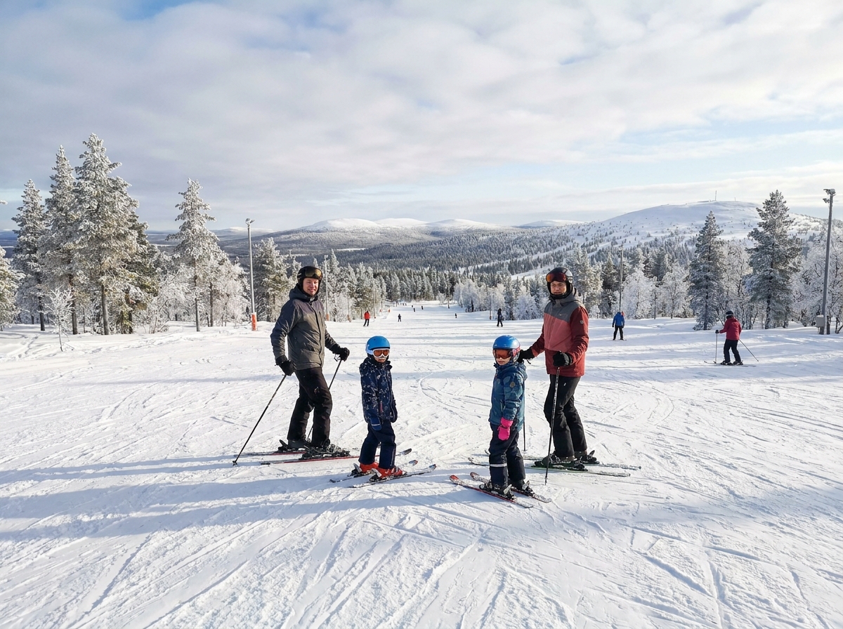Family skiing down a slope in Levi