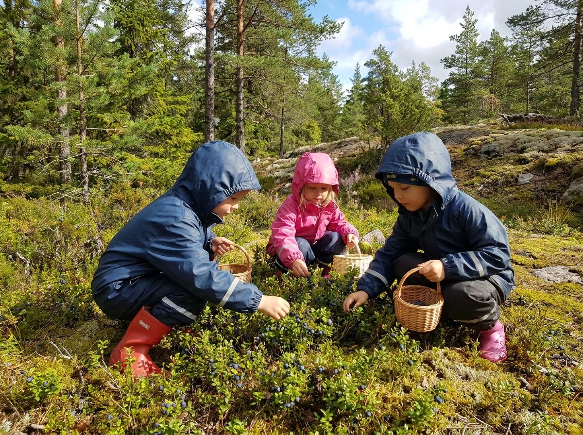 Children picking wild blueberries in the forest