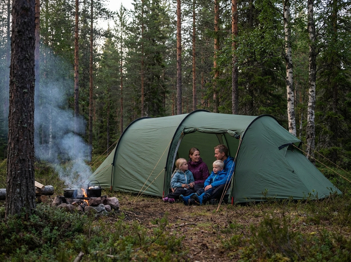 Family camping in a tent in the forest