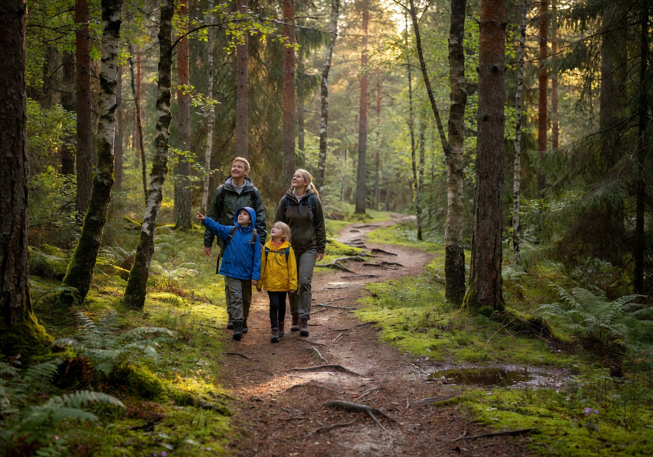 Family walking on a forest trail in Nuuksio National Park