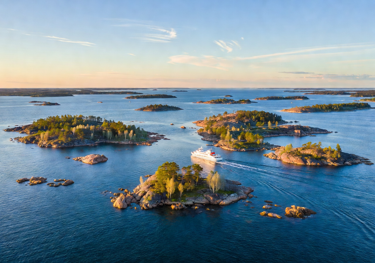 Scenic view of the Turku Archipelago islands and ferry